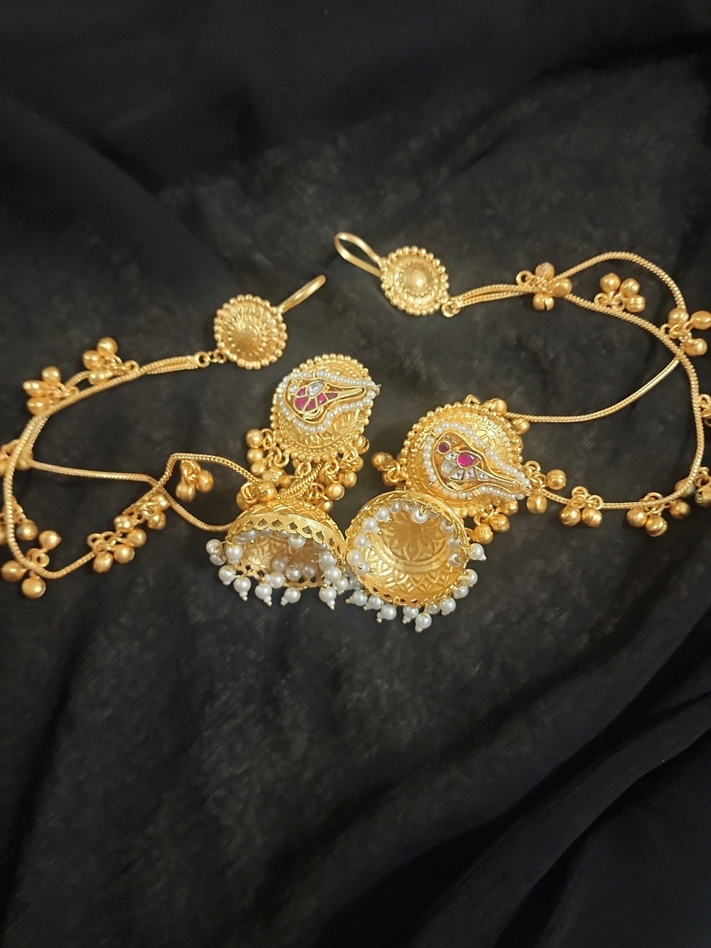Gold-Tone Jhumka Earrings with Pearl Drops - Women Jewelry